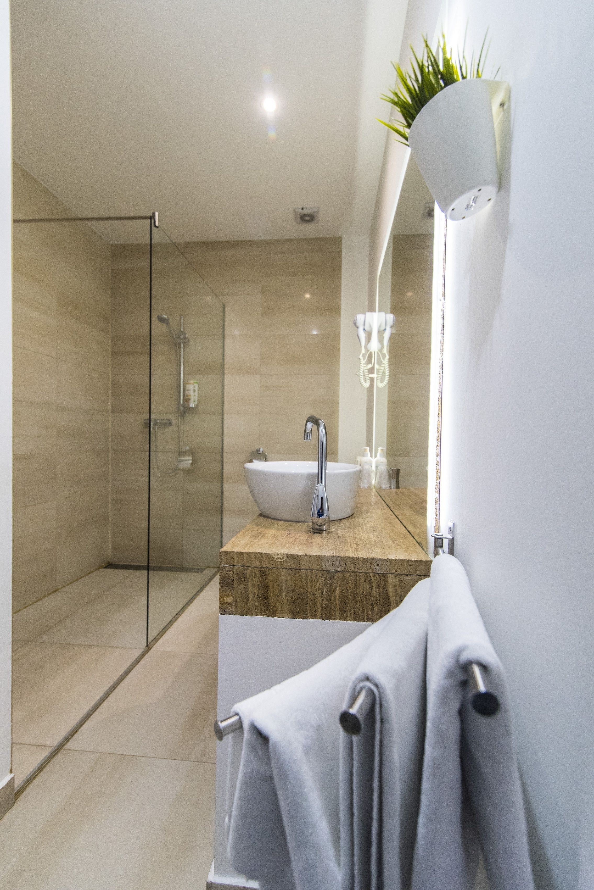 superior double room | bathroom | shower, free toiletries, hair dryer, towels