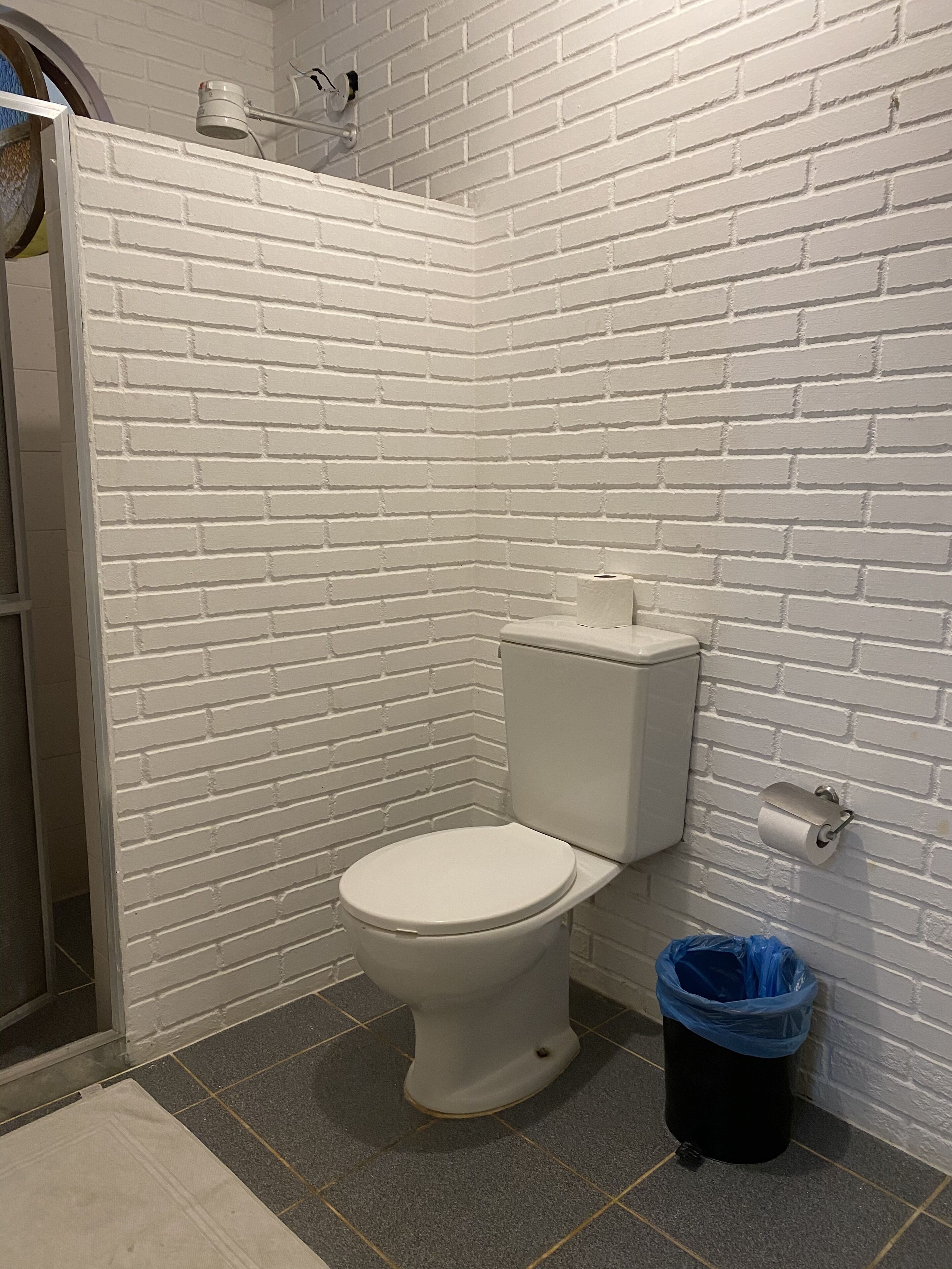 A bathroom with a white brick wall, a white toilet, a blue trash bin, and a shower area.