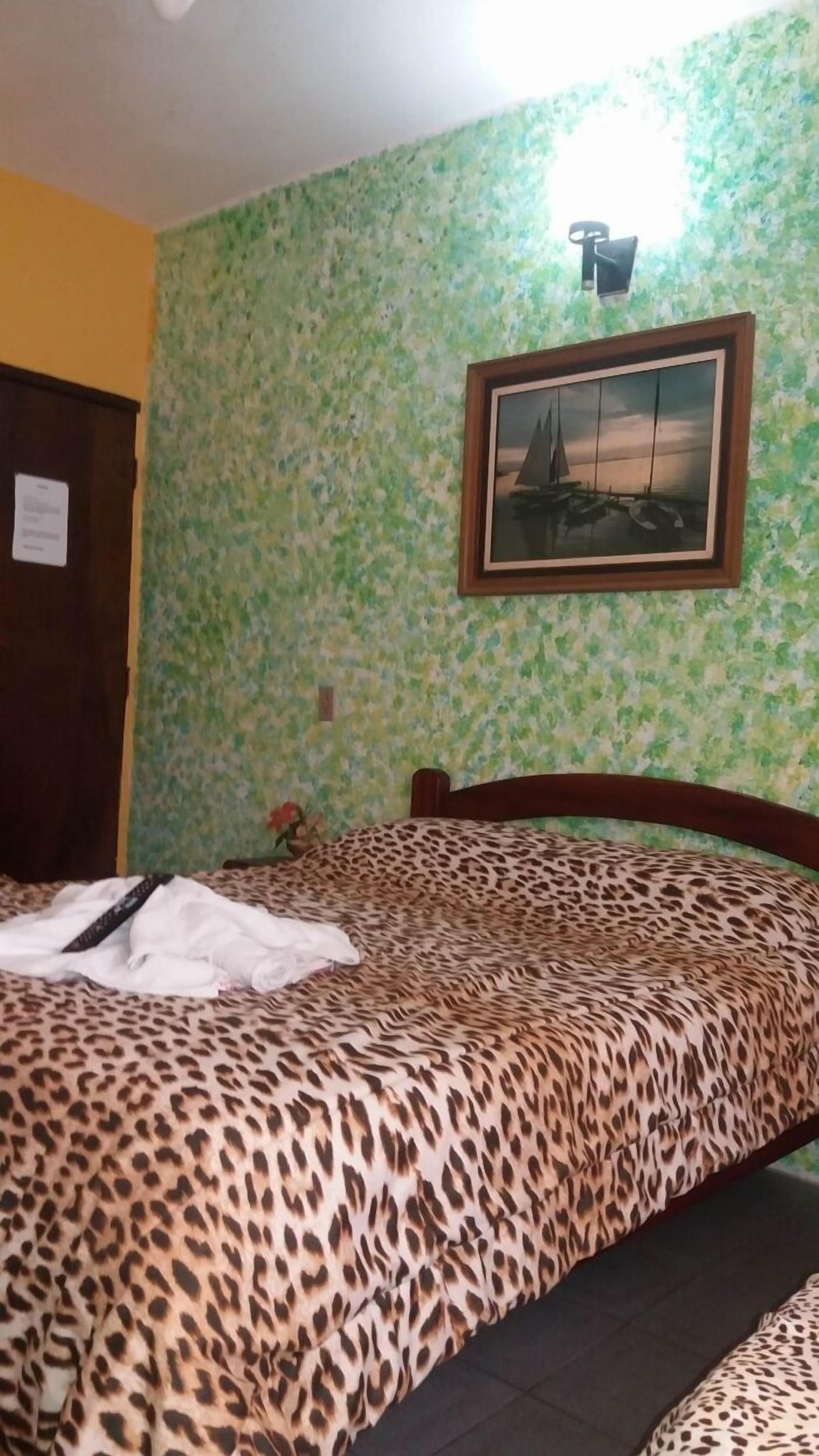 Ein Zimmer mit einem Bett, einem gerahmten Bild an der Wand und einer Tür.