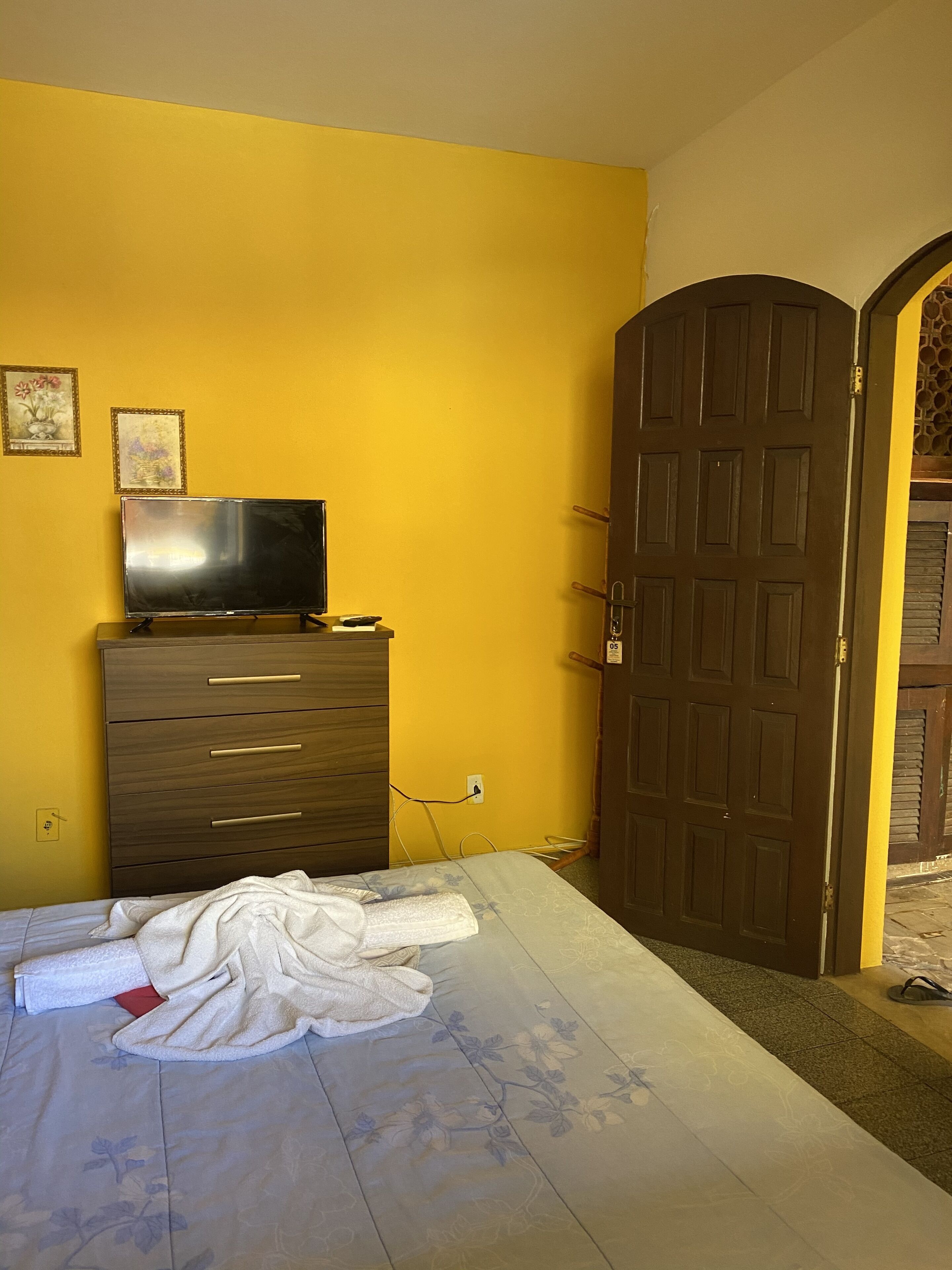 A bedroom with a bed, a dresser, a television on top, and a door.