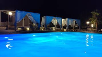 Piscina stagionale all'aperto, ombrelloni da piscina, lettini