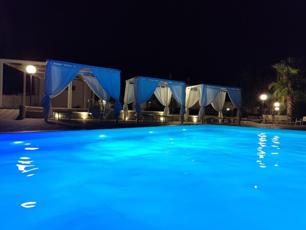 Seasonal outdoor pool, open 10:00 AM to 7:00 PM, pool umbrellas