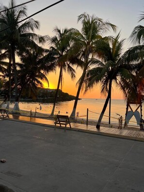 A beach with palm trees and a sunset. - Mr. Tucan Hotel (Roatan)