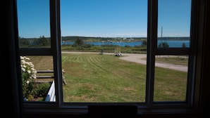 Vista desde una ventana a un área verde con un lago y edificios al fondo.