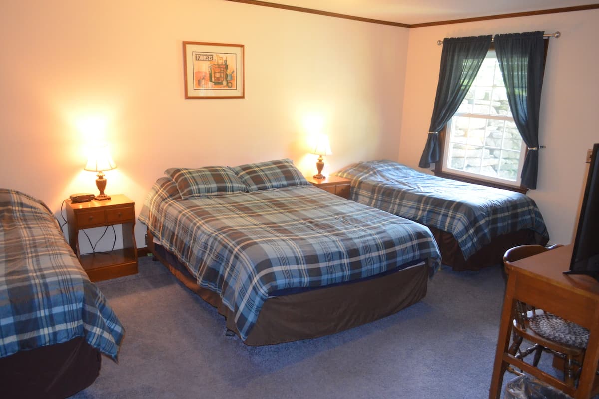A room with two beds, each with a plaid bedspread, a nightstand with a lamp, a framed picture on the wall, and a window with curtains.