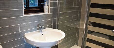 A bathroom with a white sink, a toilet, and a glass shower enclosure.