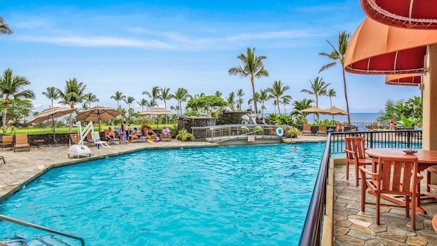 A swimming pool with lounge chairs and umbrellas, surrounded by palm trees and a stone deck.