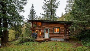 Een vakantiehuis in blokhutstijl met een terras, omringd door een dicht bos.