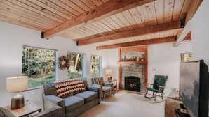 A cozy living room with a fireplace, large windows, and a television.
