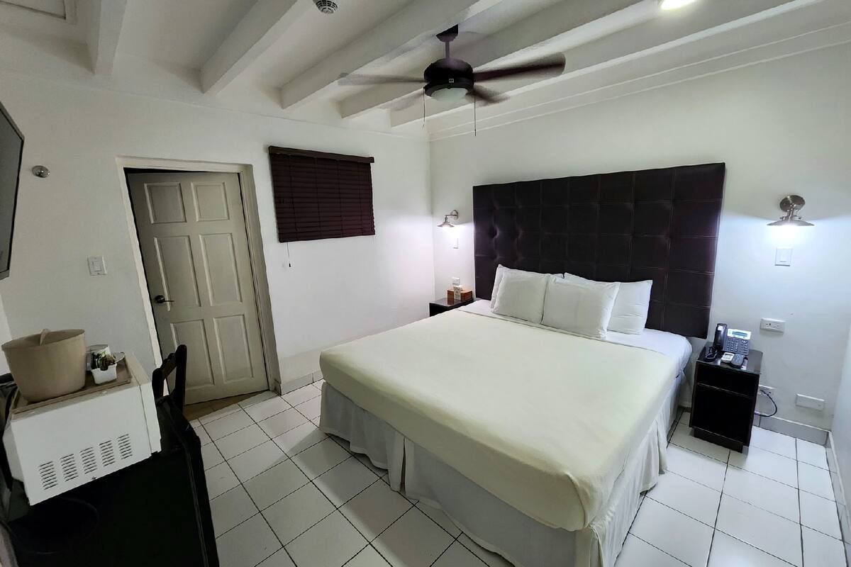 Une chambre à coucher avec un lit, un ventilateur de plafond, une table de chevet avec un téléphone et une porte.