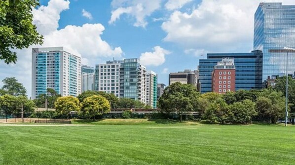 A cityscape with modern high-rise buildings, a park with green grass, and a clear blue sky. - Charles River Executive Suites (Boston)