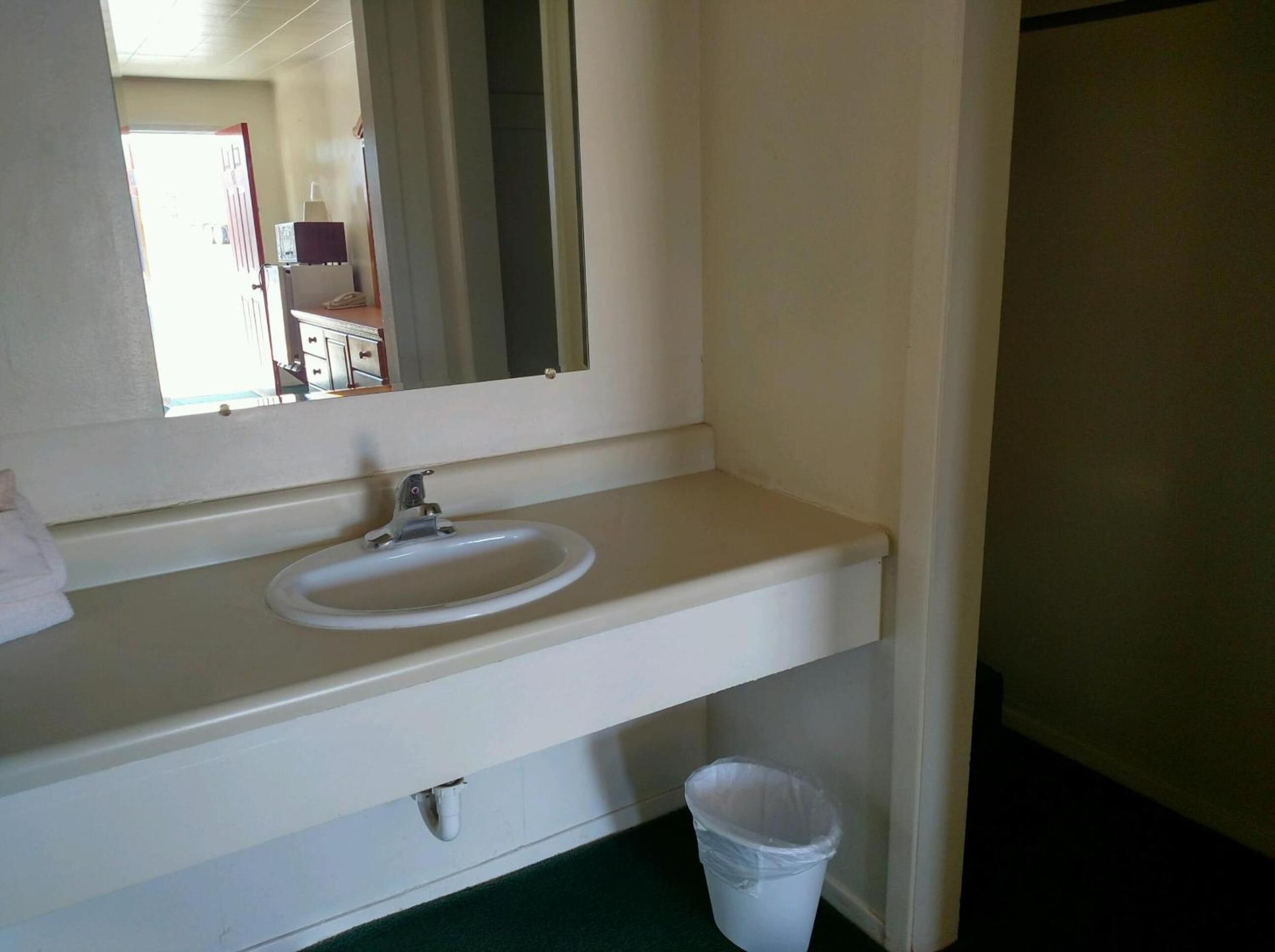A bathroom with a white sink, mirror, and a trash bin.
