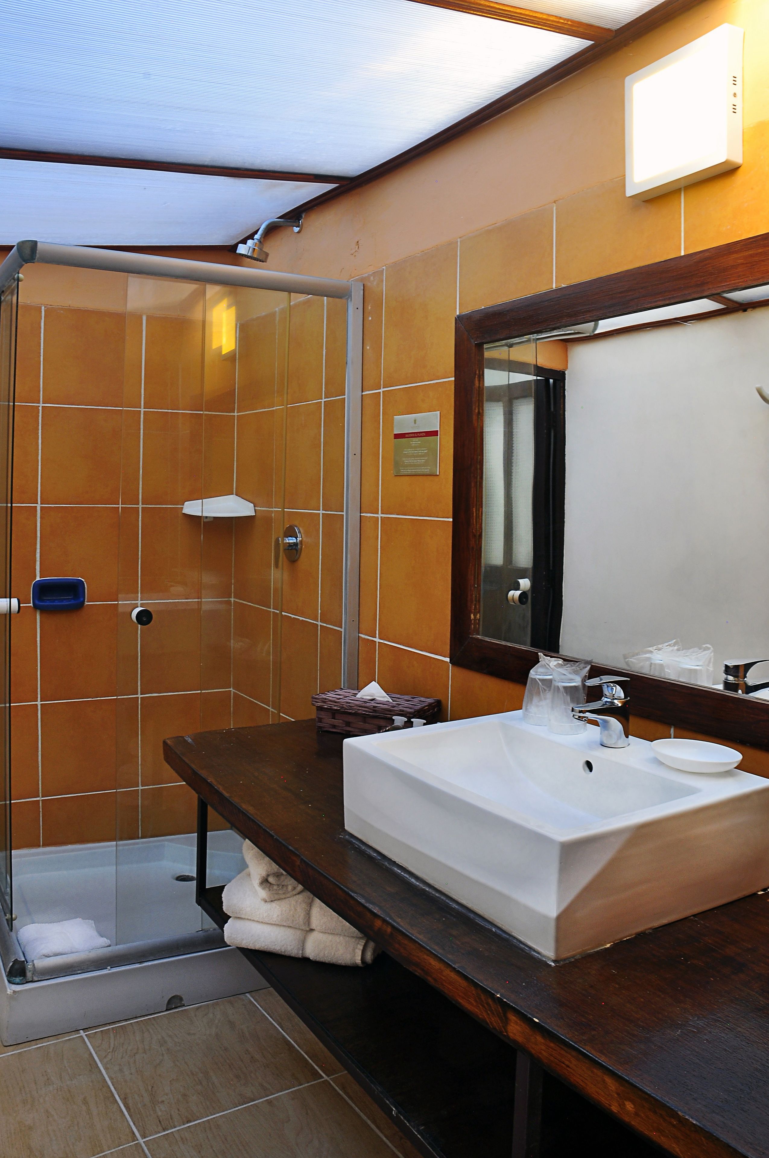 Ein modernes Badezimmer mit Duschkabine aus Glas, einem weißen Waschbecken und einem großen Spiegel.