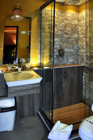 Douche, séchoir à cheveux, serviettes fournies