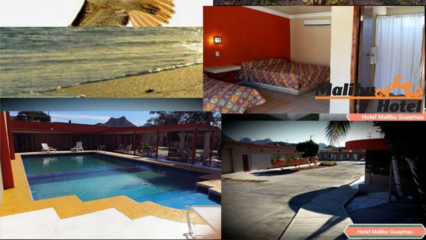 Um hotel com piscina, quartos com camas e vista para o mar.