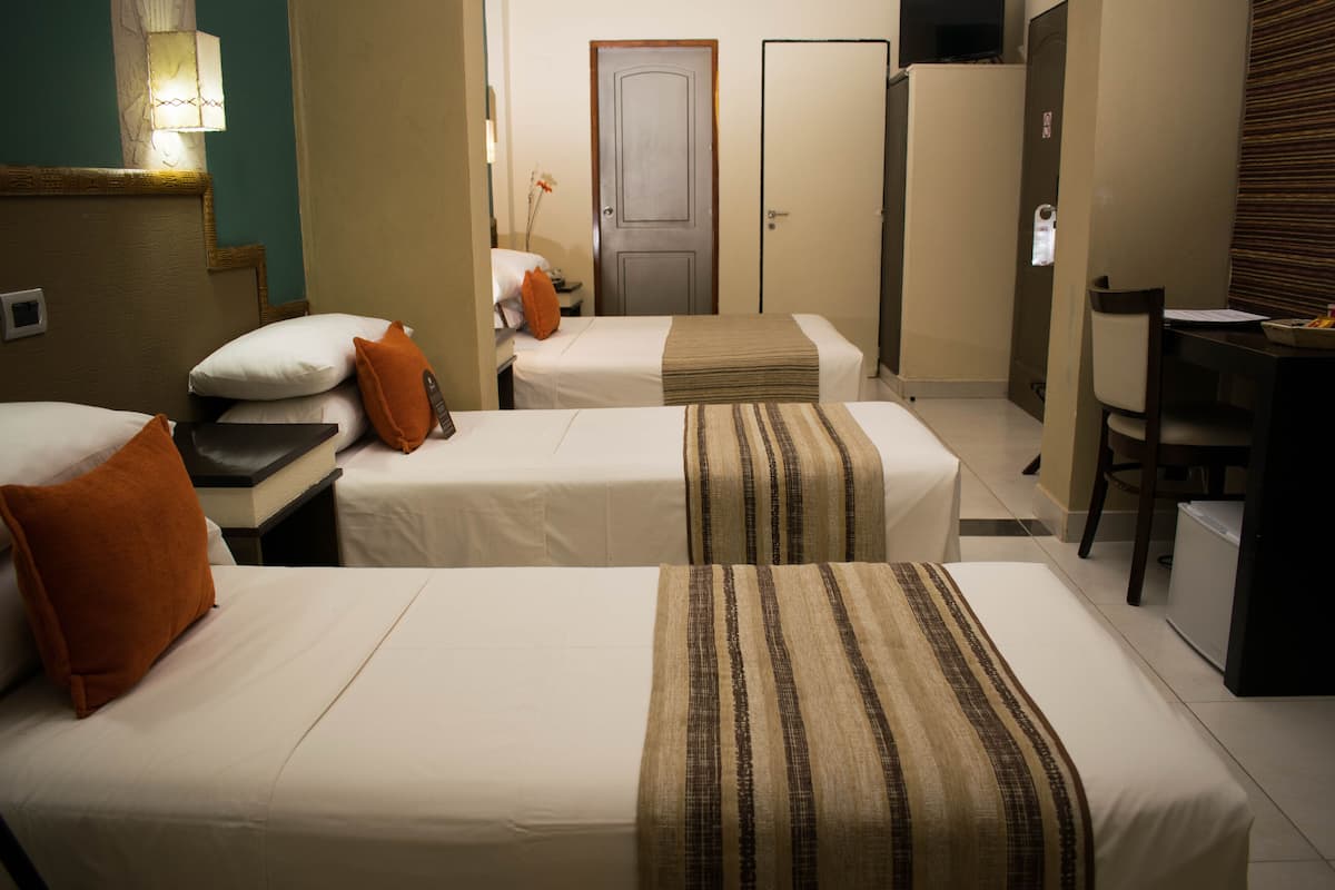 Habitación de hotel con dos camas individuales, un escritorio, una silla y una puerta.
