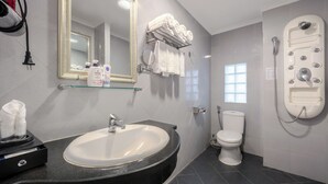 Une salle de bain moderne avec un grand lavabo, un miroir, des toilettes et une douche.