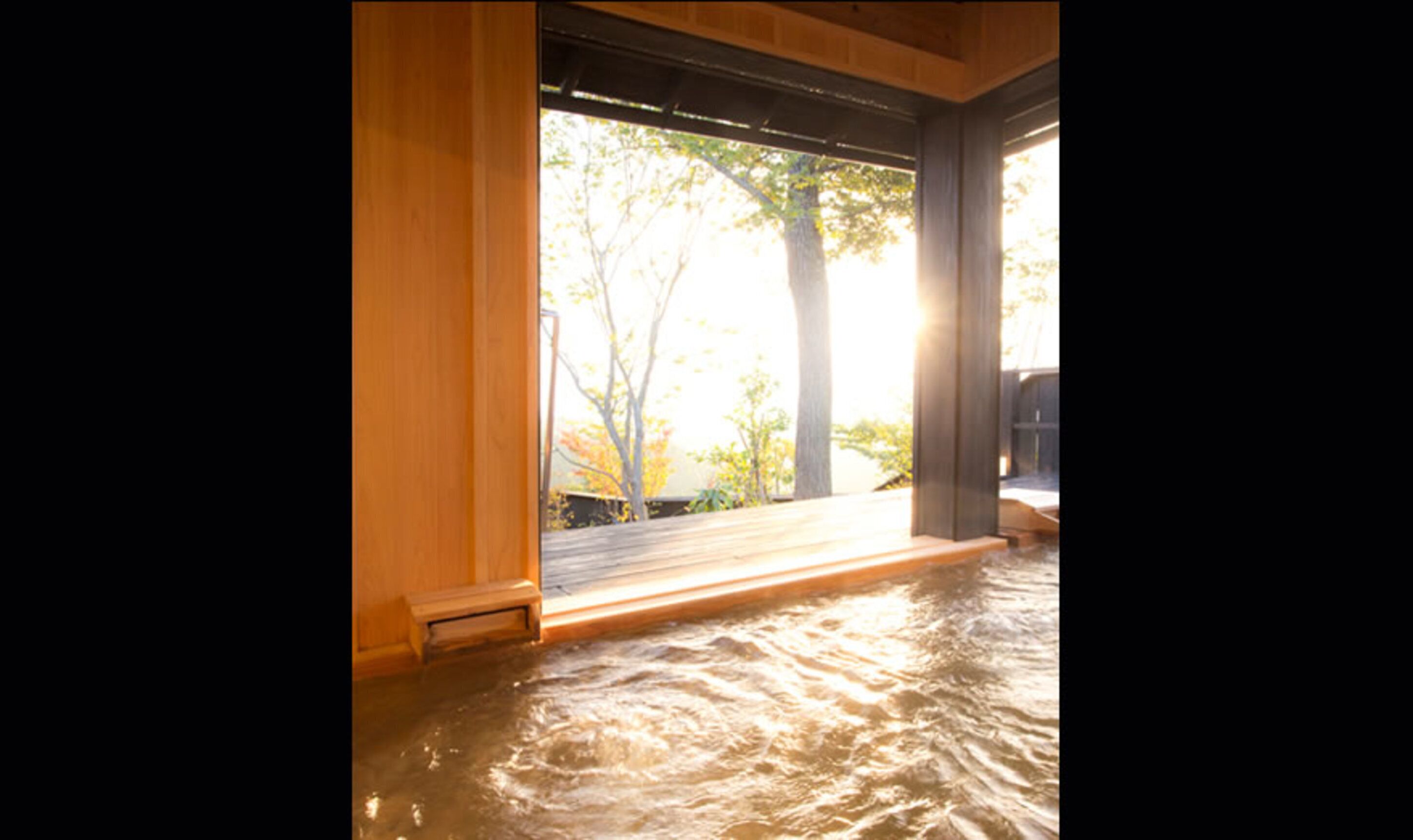 Un onsen japonés tradicional con suelo de madera y vistas a árboles.
