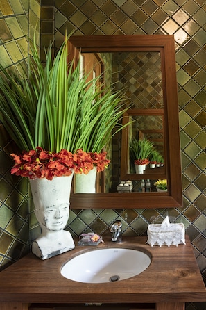 A bathroom vanity with a white sink, a wooden countertop, a mirror, and two large potted plants with red flowers.