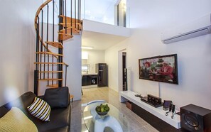 Double Room, Courtyard View, Mezzanine | Living area | 42-inch flat-screen TV with cable channels, TV - Pension Hug (Gapyeong)