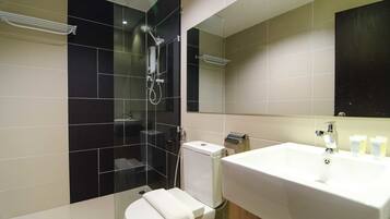 Shower, free toiletries, hair dryer, towels