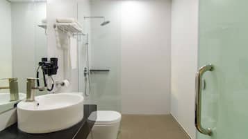 Shower, free toiletries, hair dryer, towels