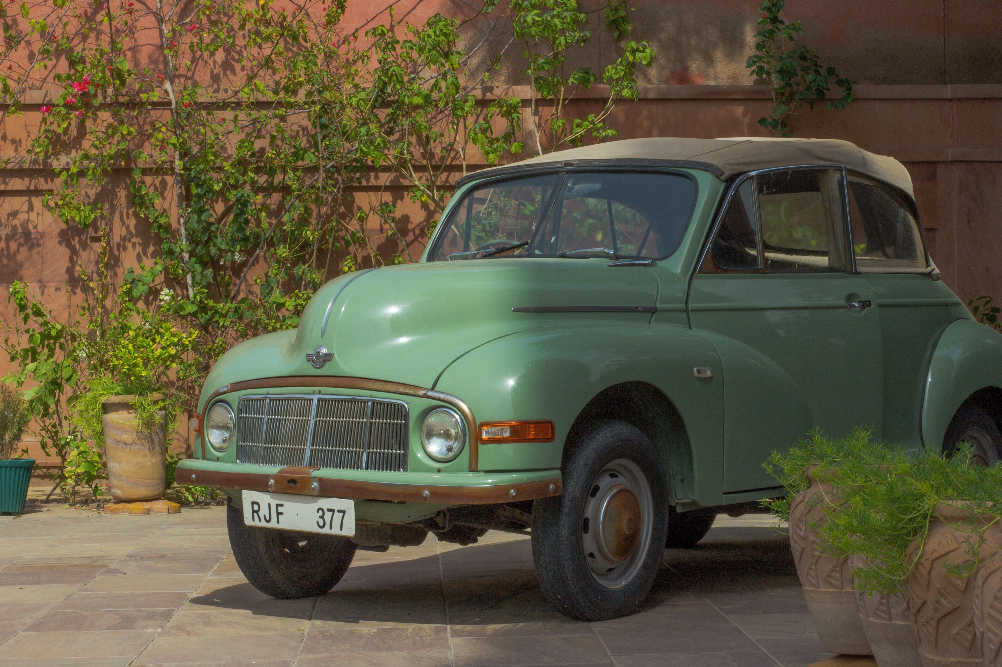 Un coche verde antiguo estacionado frente a un edificio con piso de baldosas y plantas en macetas.