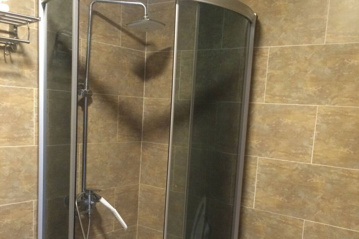 A corner shower enclosure with a glass door, a toilet, and a trash bin.