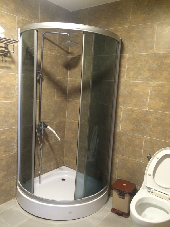 Un box de ducha en esquina con puerta de cristal, un inodoro y un cubo de basura.