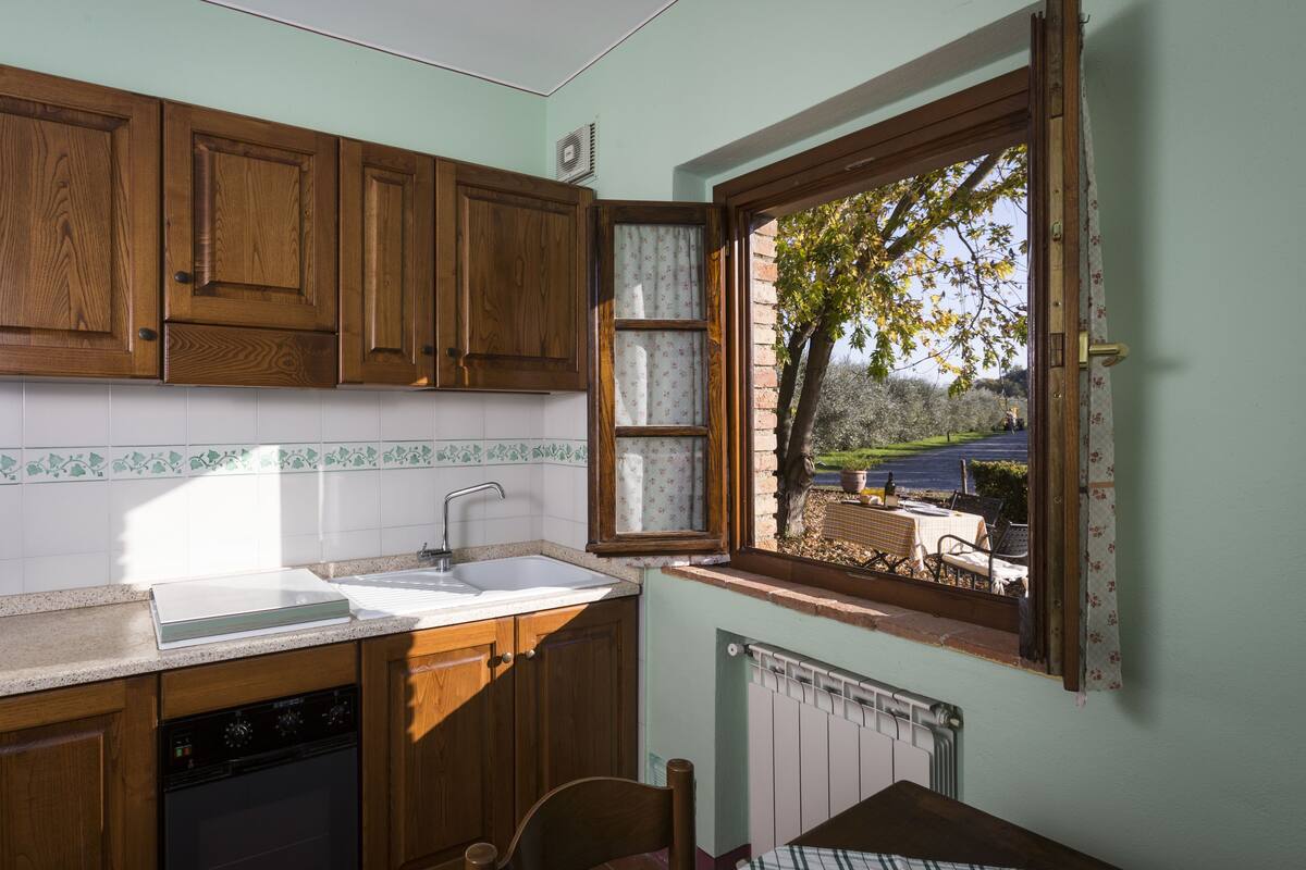 Une cuisine avec des meubles de rangement en bois, un évier et une fenêtre donnant sur un jardin.