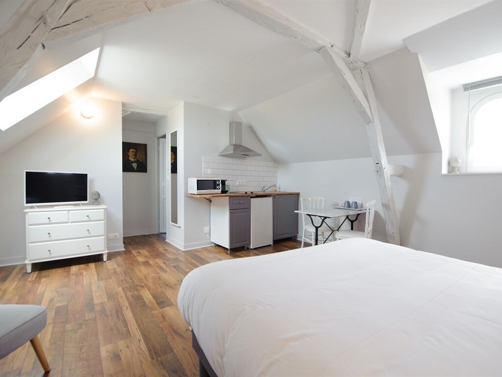 Une chambre dotée d’un grand lit, d’une télévision, d’une kitchenette et d’un coin repas.