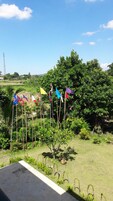 Un jardín con varias banderas, un pequeño árbol y una zona cubierta de césped.