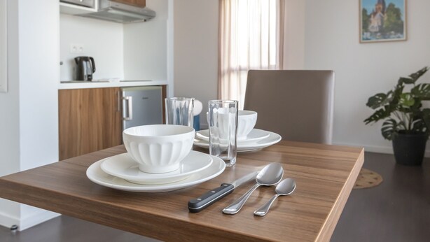 A modern kitchen with wooden cabinets, a microwave, and a dining table set with white plates, bowls, glasses, and cutlery. - Odalys City Campus Apartment Hotel - Metz Centre (Metz)