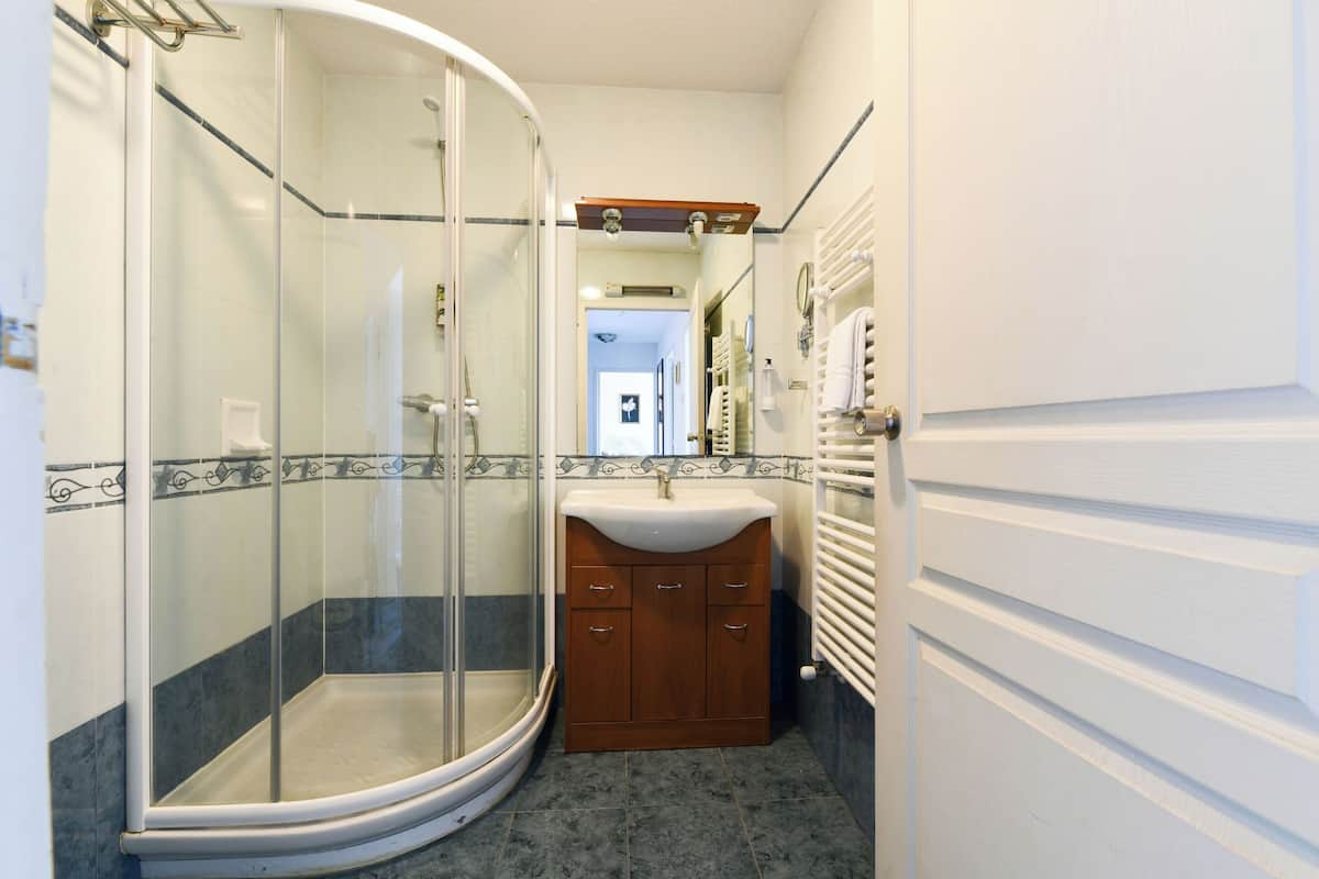 superior apartment | bathroom | shower, eco-friendly toiletries, hair dryer, towels