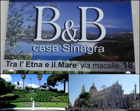 Une enseigne pour le B&B Casa Sinagra, offrant une vue panoramique sur un paysage côtier.