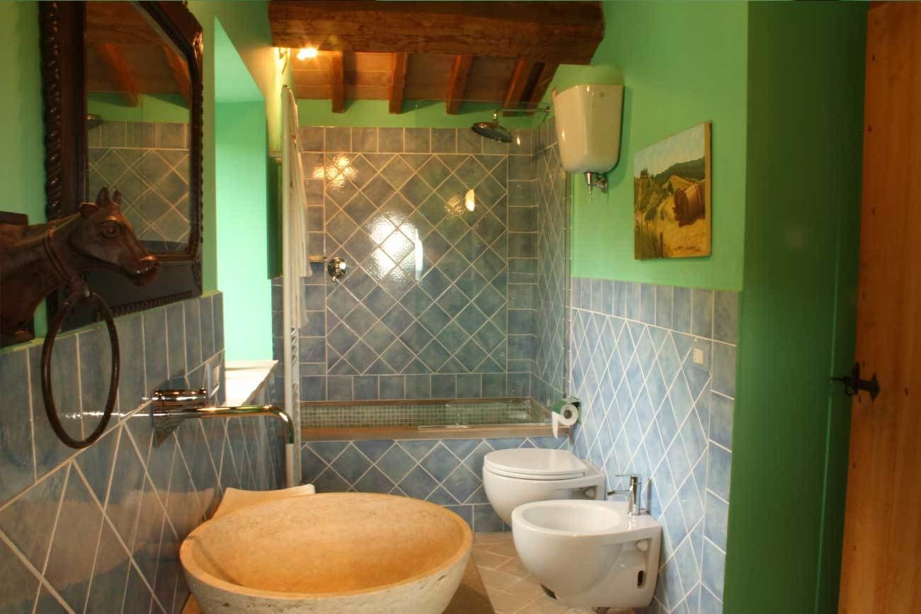 Une salle de bain dotée d’un grand lavabo en pierre, de toilettes et d’un espace douche dont les murs sont recouverts de carreaux bleus.