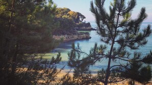 A coastal landscape with a beach, trees, and a rocky outcrop. - Hotel Napoléon (Ile-d'Aix)