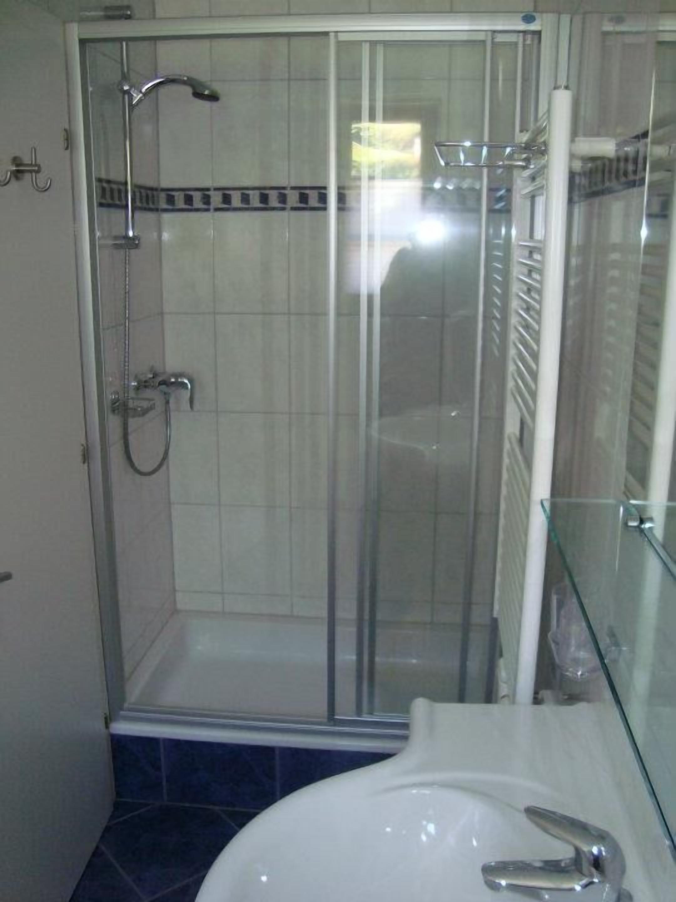 A glass-enclosed shower with a handheld showerhead and a wall-mounted faucet.