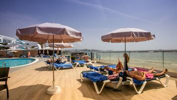 Un pont de navire de croisière équipé de chaises longues, de parasols et d’une piscine.