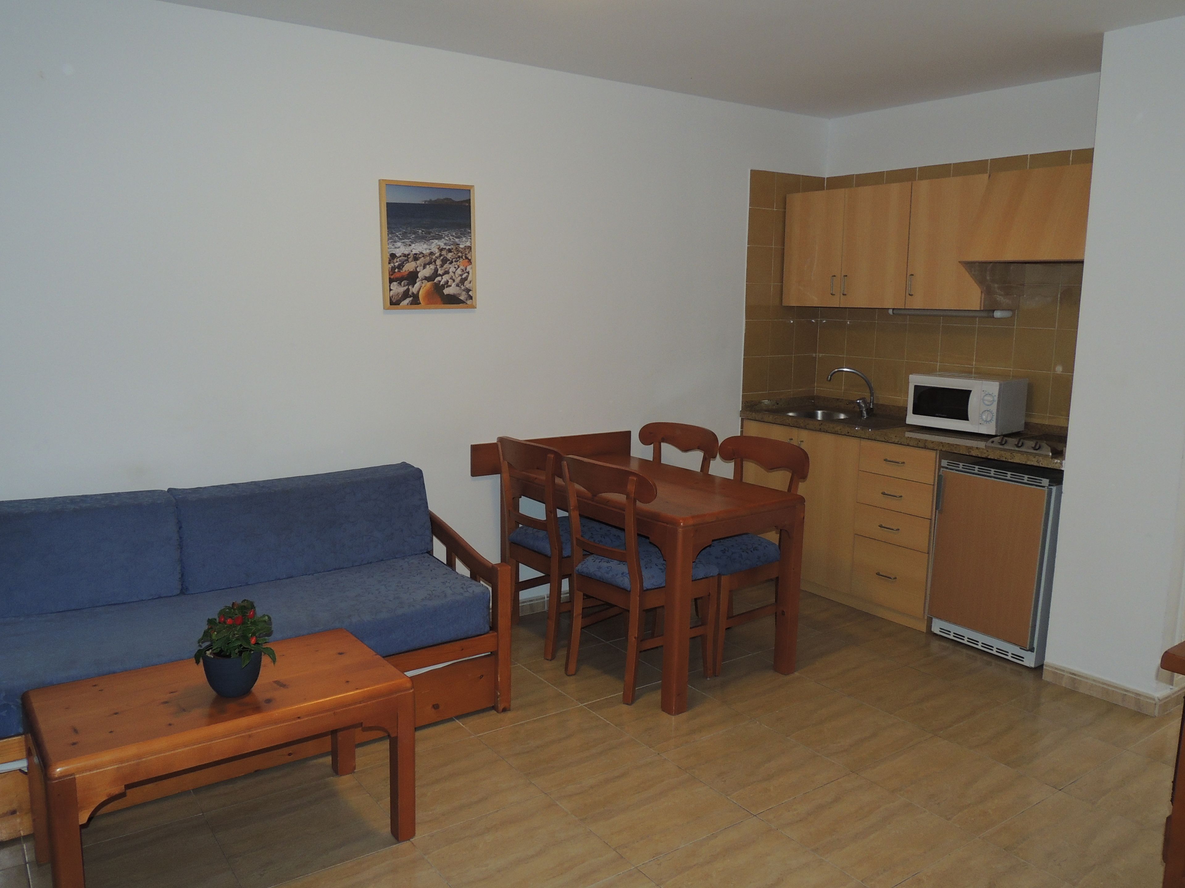 A compact living space with a sofa, dining table, chairs, a small kitchen area with a microwave, and a sink.