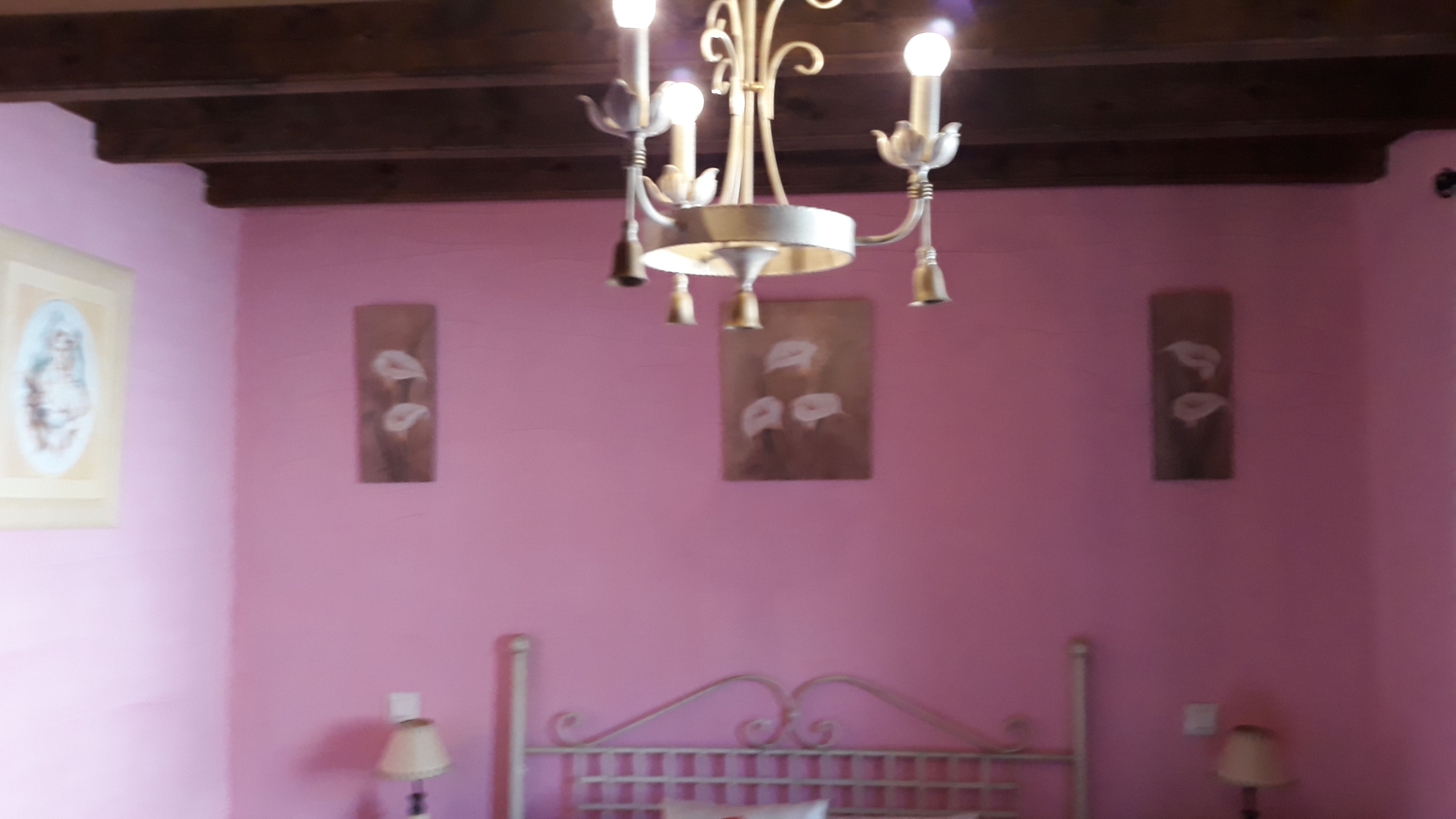 A room with pink walls, a metal bed frame, and a chandelier with multiple light bulbs.