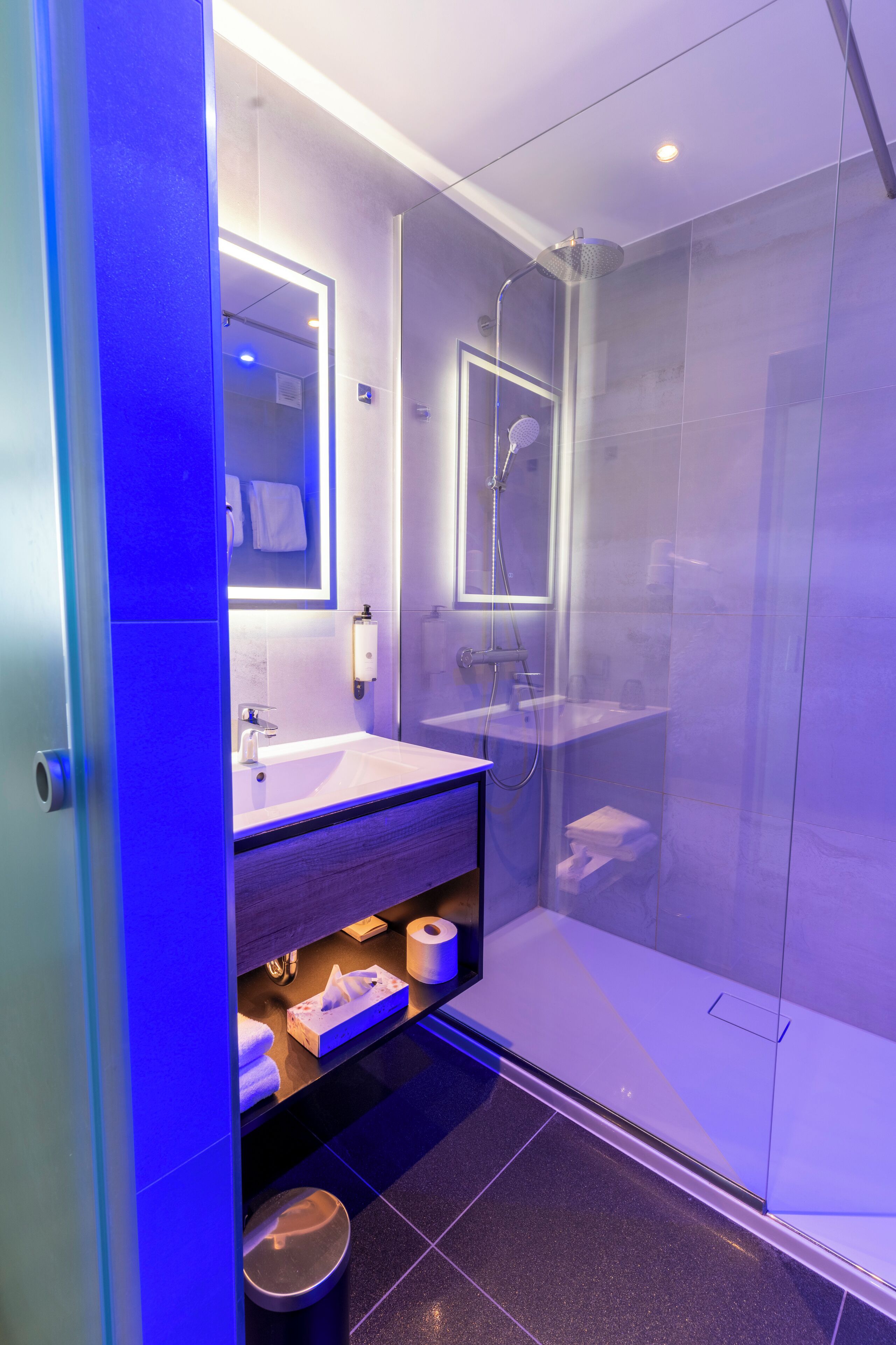 A modern bathroom with a glass-enclosed shower, a vanity with a mirror, and a toilet.