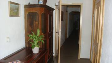 Un couloir avec une armoire en bois, une plante en pot et une porte donnant sur une autre pièce.