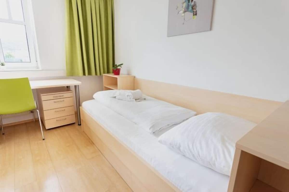 A single bed with white bedding, a desk with a chair, a small plant on a nightstand, and a window with curtains.