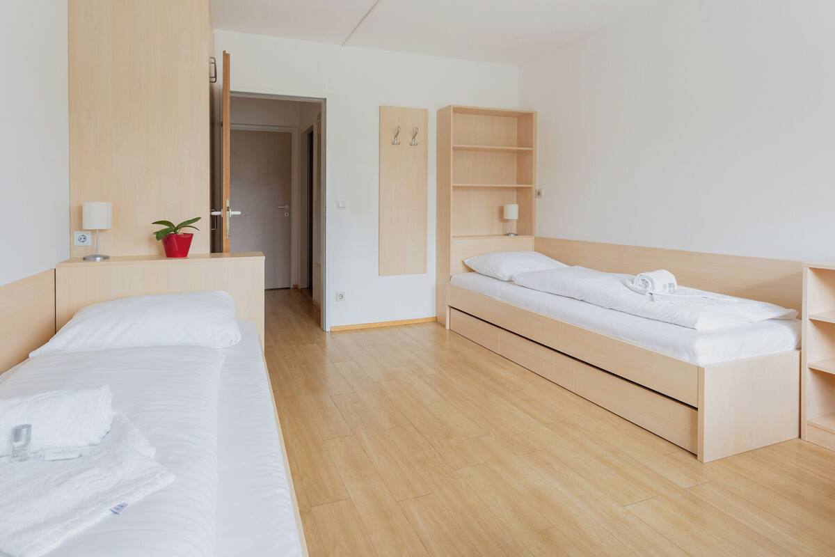 A modern hotel room with a wooden bed, a smaller bed, a nightstand with a lamp, a red plant, and a wooden wardrobe.
