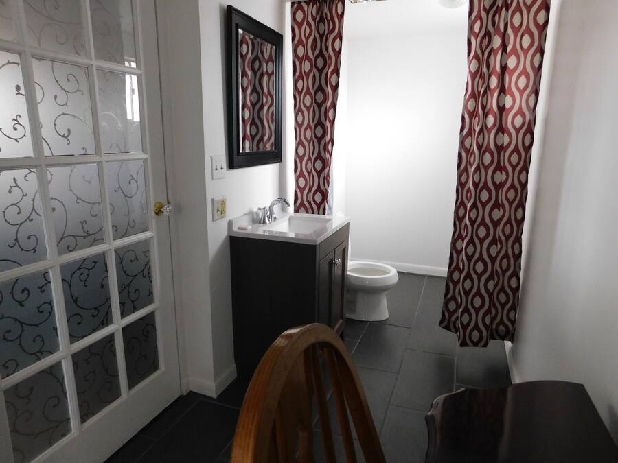 Un baño con inodoro, lavabo y espejo. Hay una cortina estampada sobre la zona de la ducha.