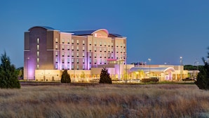 Un hôtel à plusieurs étages, reconnaissable à son grand panneau « Hilton Garden Inn », qui présente une architecture moderne avec un toit plat et une façade combinant brique et pierre.
