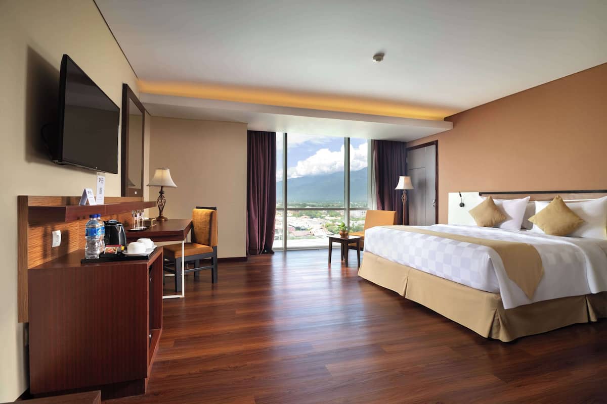 A hotel room with a bed, a desk, a TV, and a view of the outdoors.
