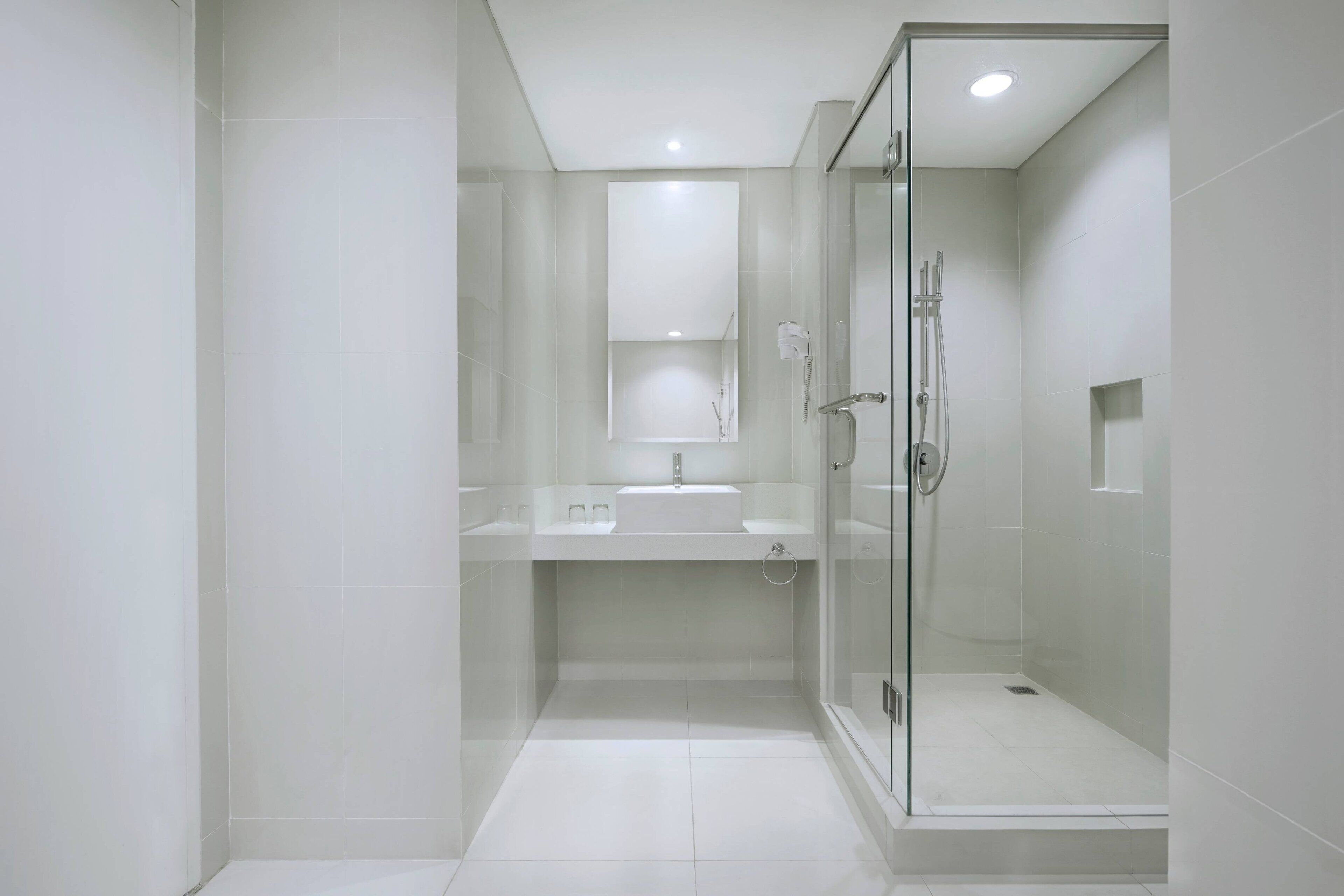 A modern bathroom with a glass-enclosed shower, a white sink, and a mirror above the sink.
