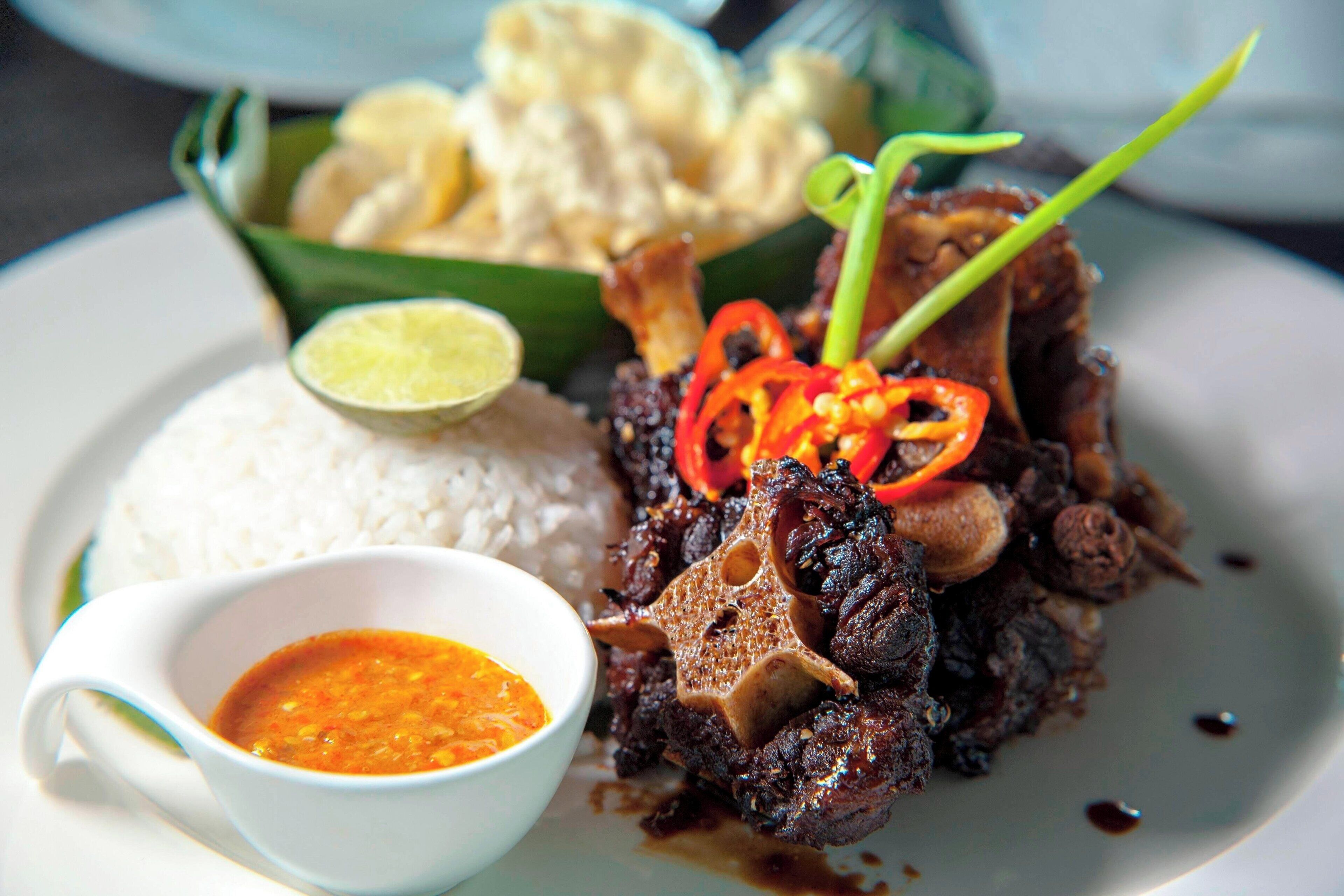 A plate of food with rice, a meat dish, and a small bowl of sauce.